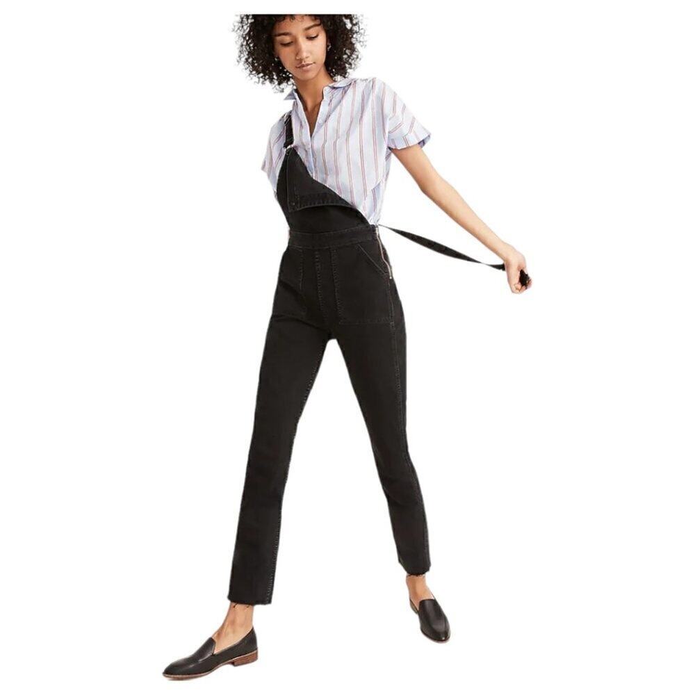 Madewell Black Lunar Wash Raw Hem Cotton Blend Skinny Zip Side Denim Overalls 0
